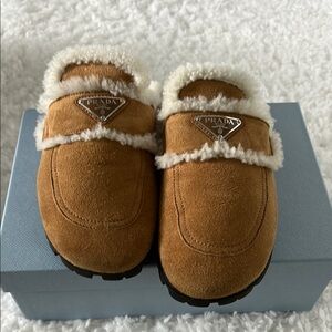 Prada Tan and White Suede Mules with Shearling Lining